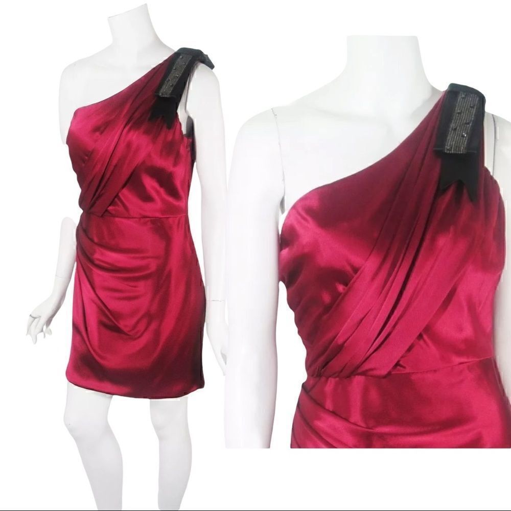 ABS Red One Shoulder Black Bow Dress‎